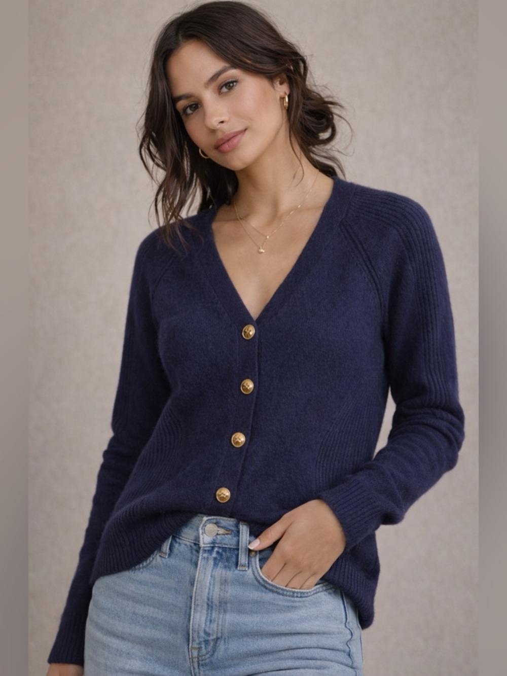 Anthropologie Joie Navy Soft Knit Cardigan Gold Buttons Ribbed Feminine Sweater